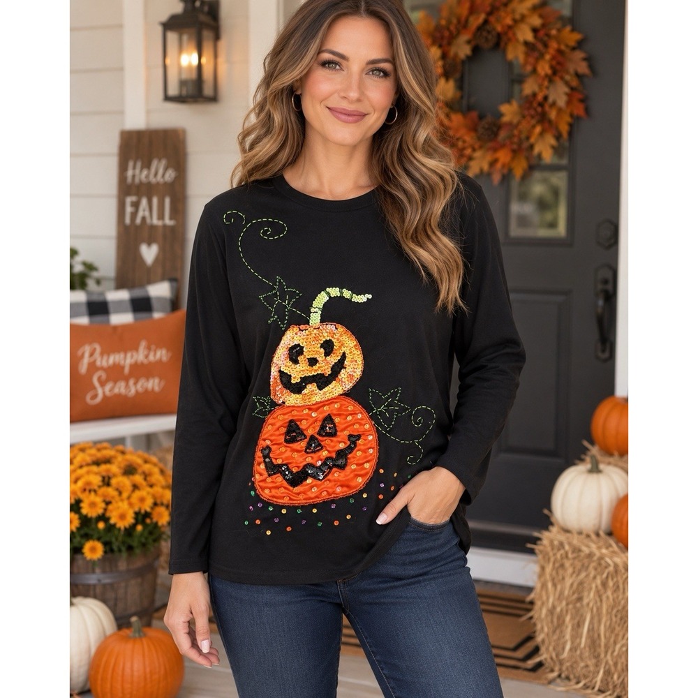 Women's XL Halloween Pumpkin Top Sequin Beaded Jack O Lantern Black Fall Shirt